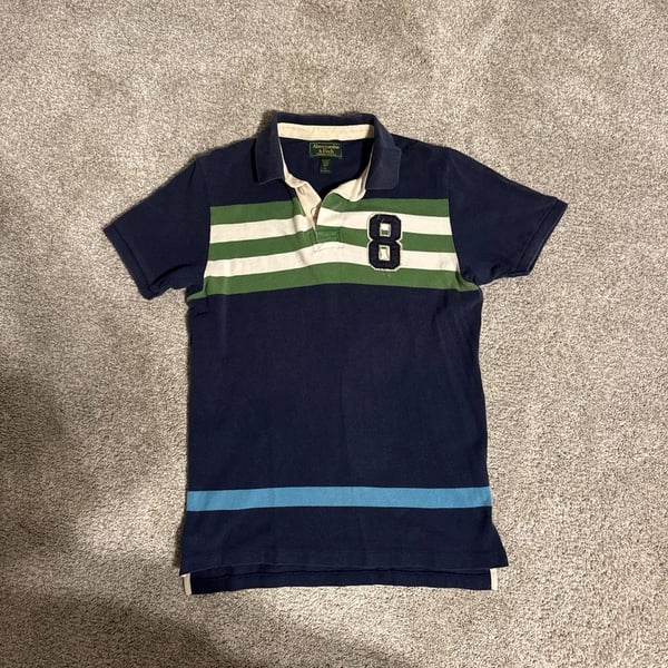 Vintage Abercrombie & Fitch Men's Large Striped Polo Shirt Navy Blue Green White with Varsity 8 Patch