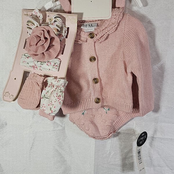 Nicole Miller New York 3-Piece Baby Girl Knit Set - Pink Cardigan, Embroidered Romper, and Headband Set, Headband Set