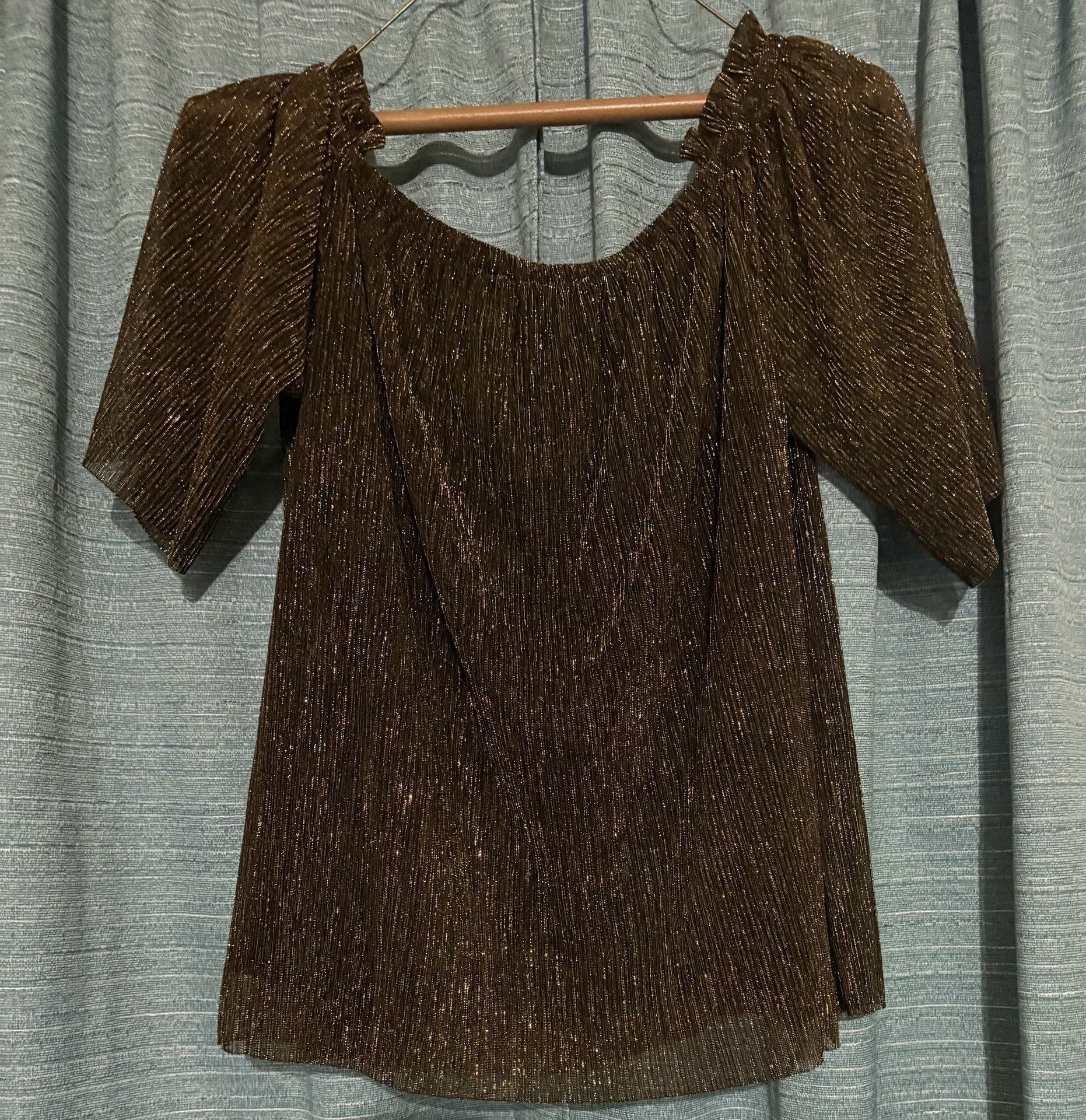 I Love Metallic Gold Plisse Off-The-Shoulder Puff Sleeve Blouse. Date Night After 5 2