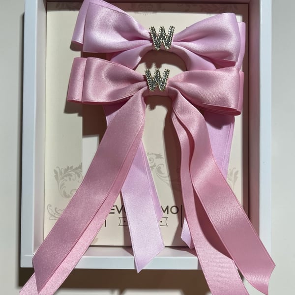 EVOCMEMO 2-Piece Pink Satin Hair Bow Clips with Rhinestone Initial W