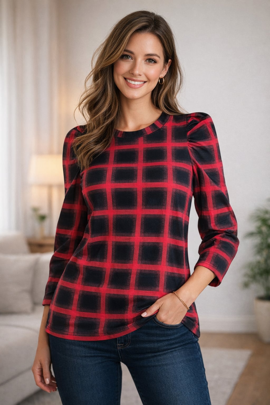 Oshffan Women's Red and Black Plaid Puff Sleeve Round Neck Top Small 2