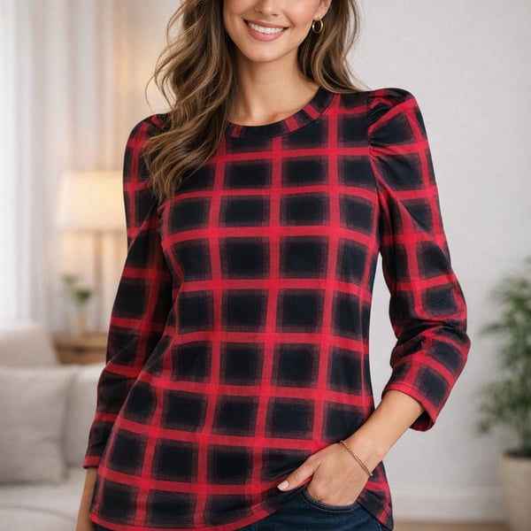 Oshffan Women's Red and Black Plaid Puff Sleeve Round Neck Top Small