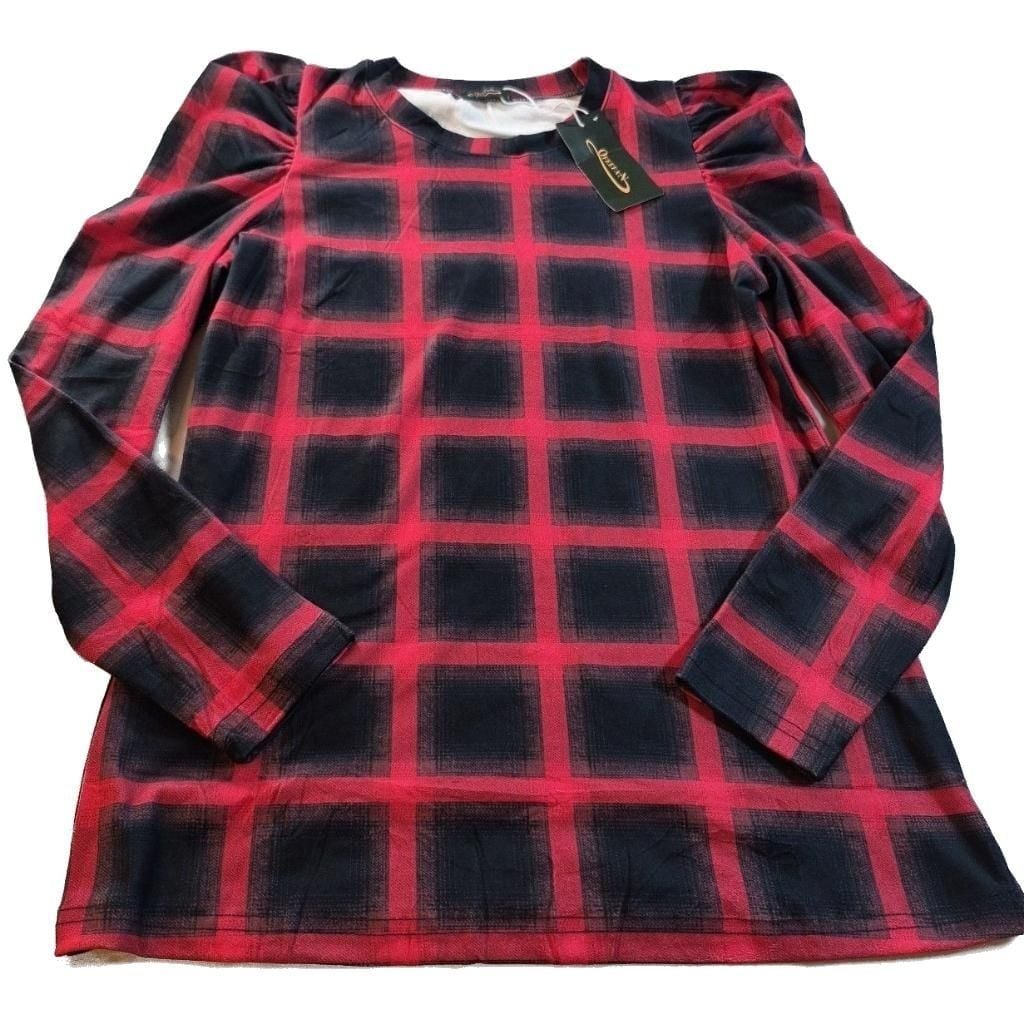 Oshffan Women's Red and Black Plaid Puff Sleeve Round Neck Top Small 3