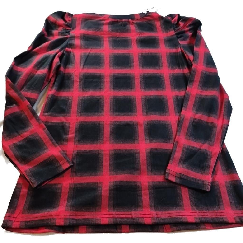 Oshffan Women's Red and Black Plaid Puff Sleeve Round Neck Top Small 10