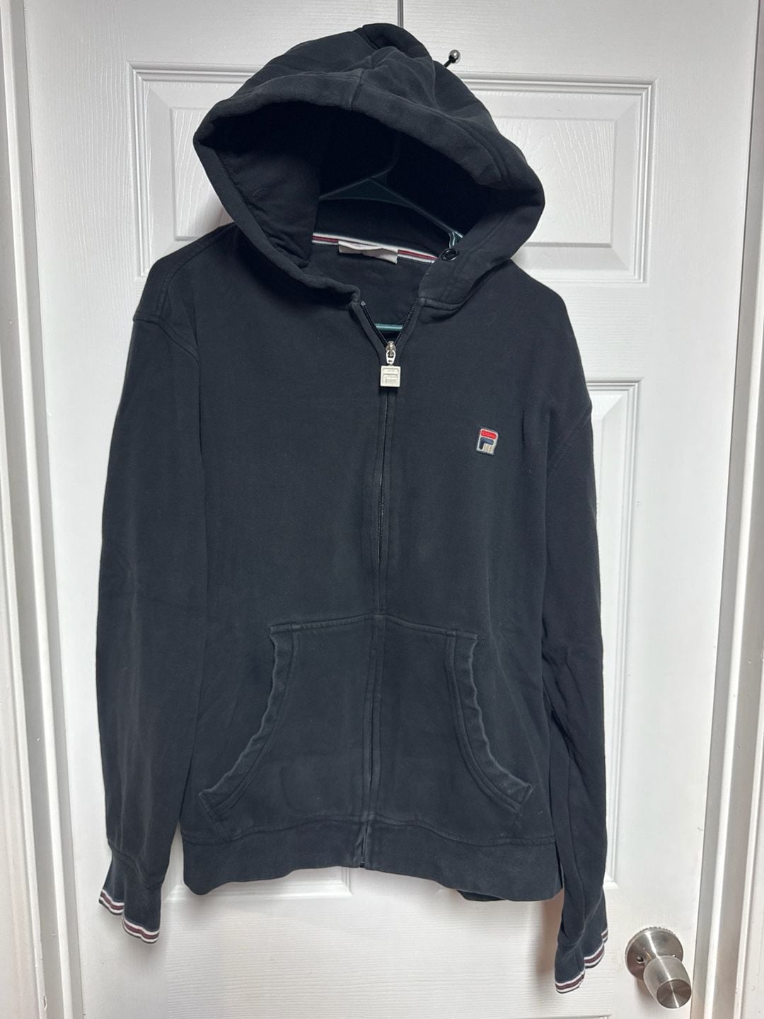FILA Men's Black Vintage Full Zip Hoodie with Striped Cuffs Size Large 2