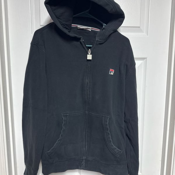 FILA Men's Black Vintage Full Zip Hoodie with Striped Cuffs Size Large