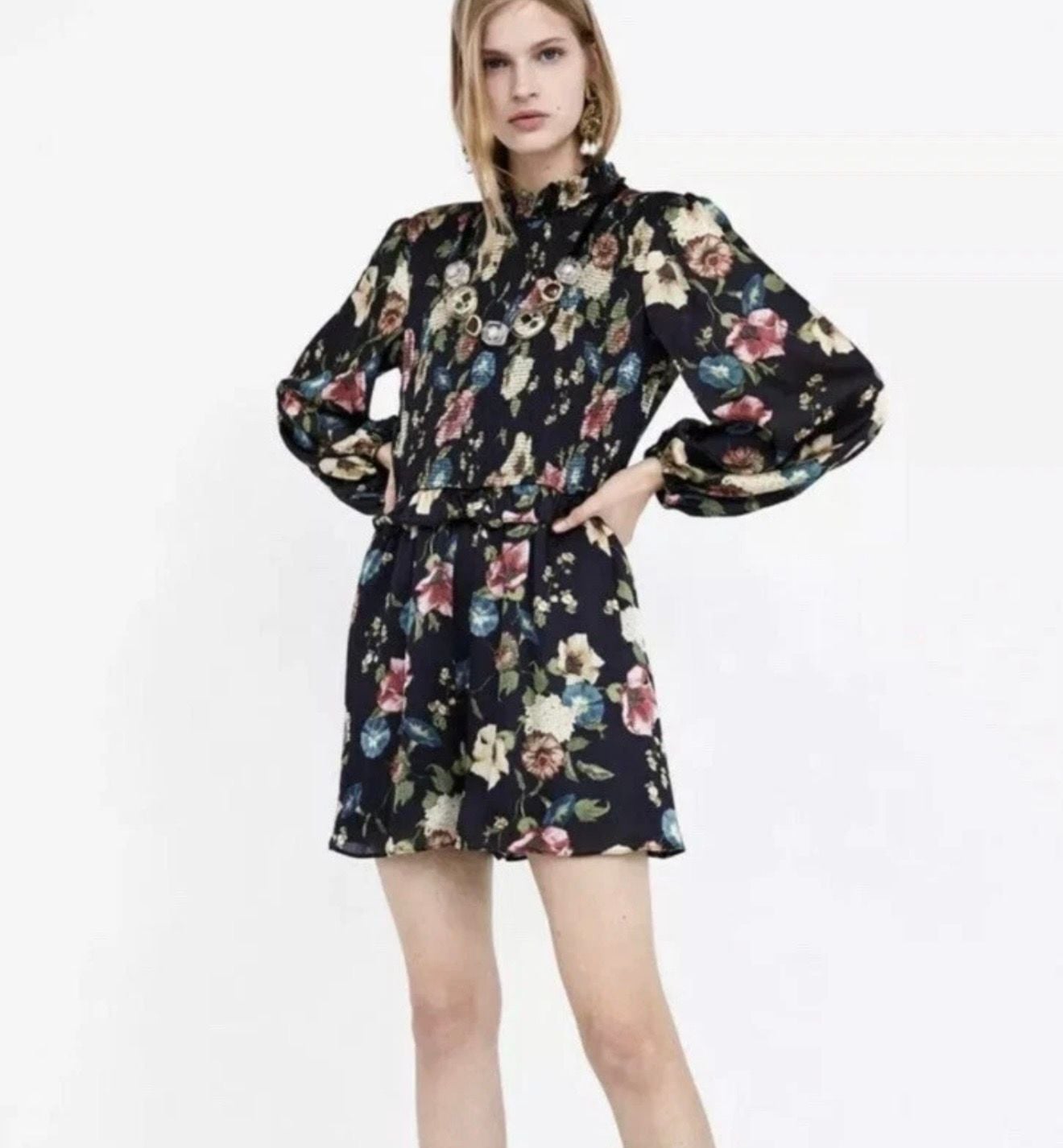 ZARA Floral Print Smocked High Neck Mini Jumpsuit Romper 4