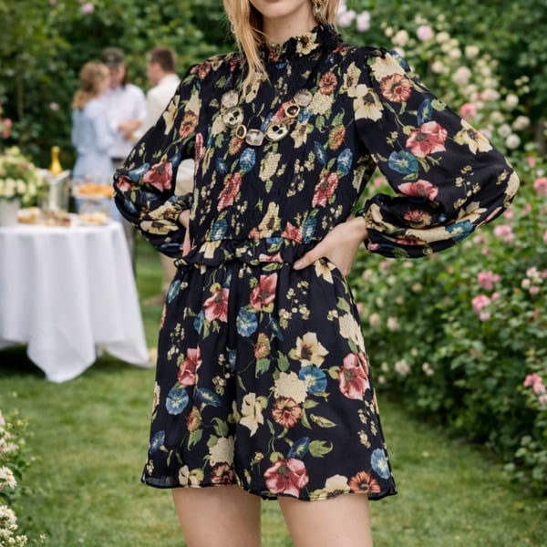 ZARA Floral Print Smocked High Neck Mini Jumpsuit Romper
