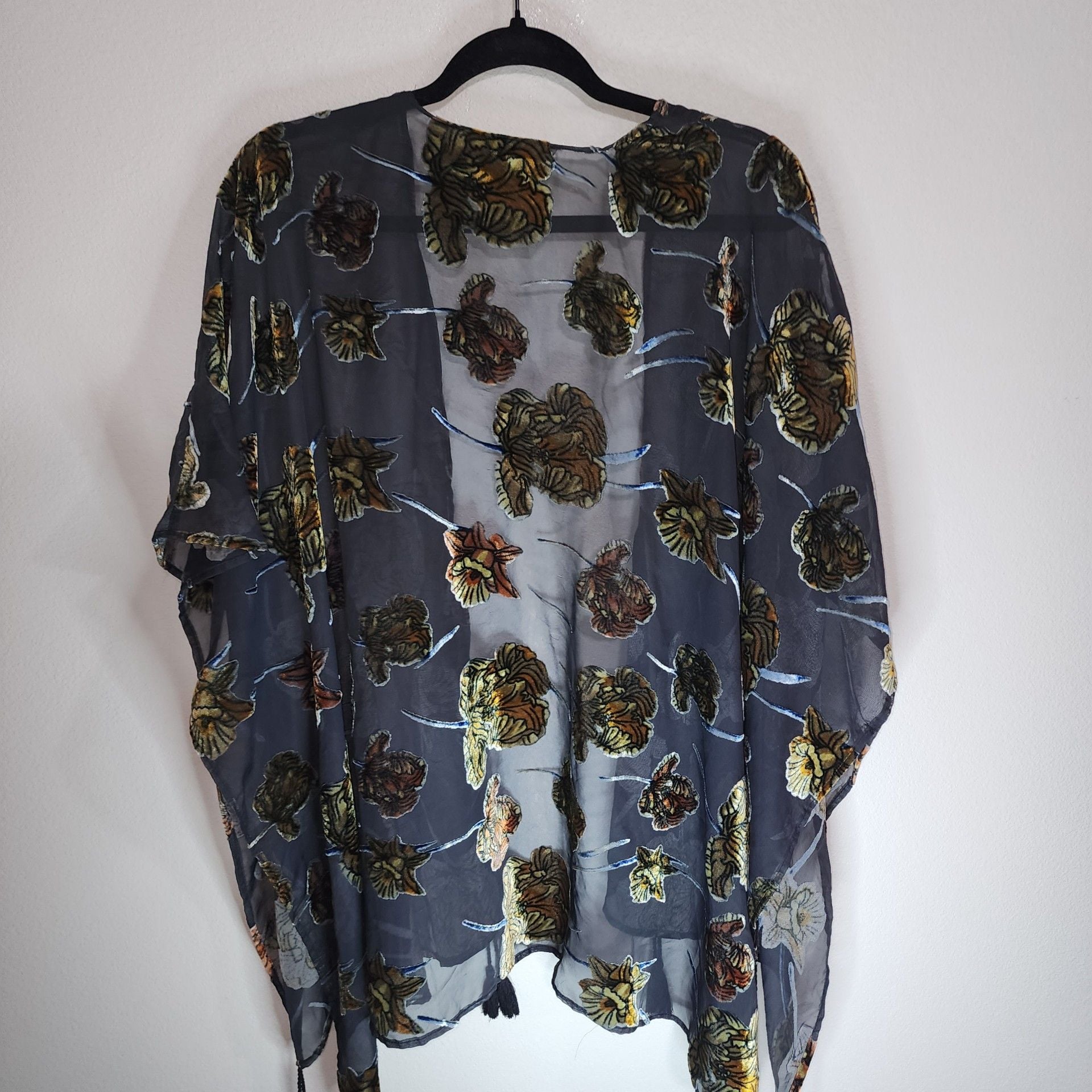 Japna Black Velvet Burnout Floral Sheer Kimono Cardigan with Tassels 3