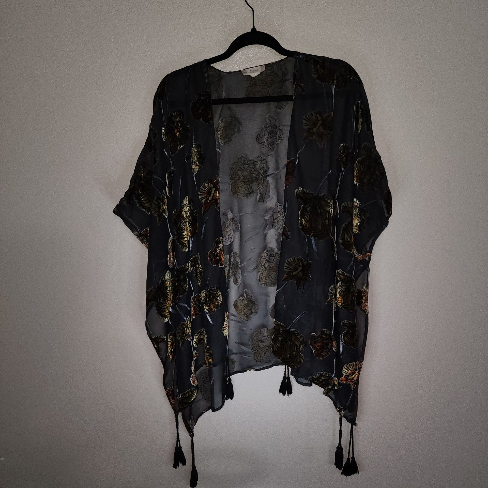 Japna Black Velvet Burnout Floral Sheer Kimono Cardigan with Tassels 4