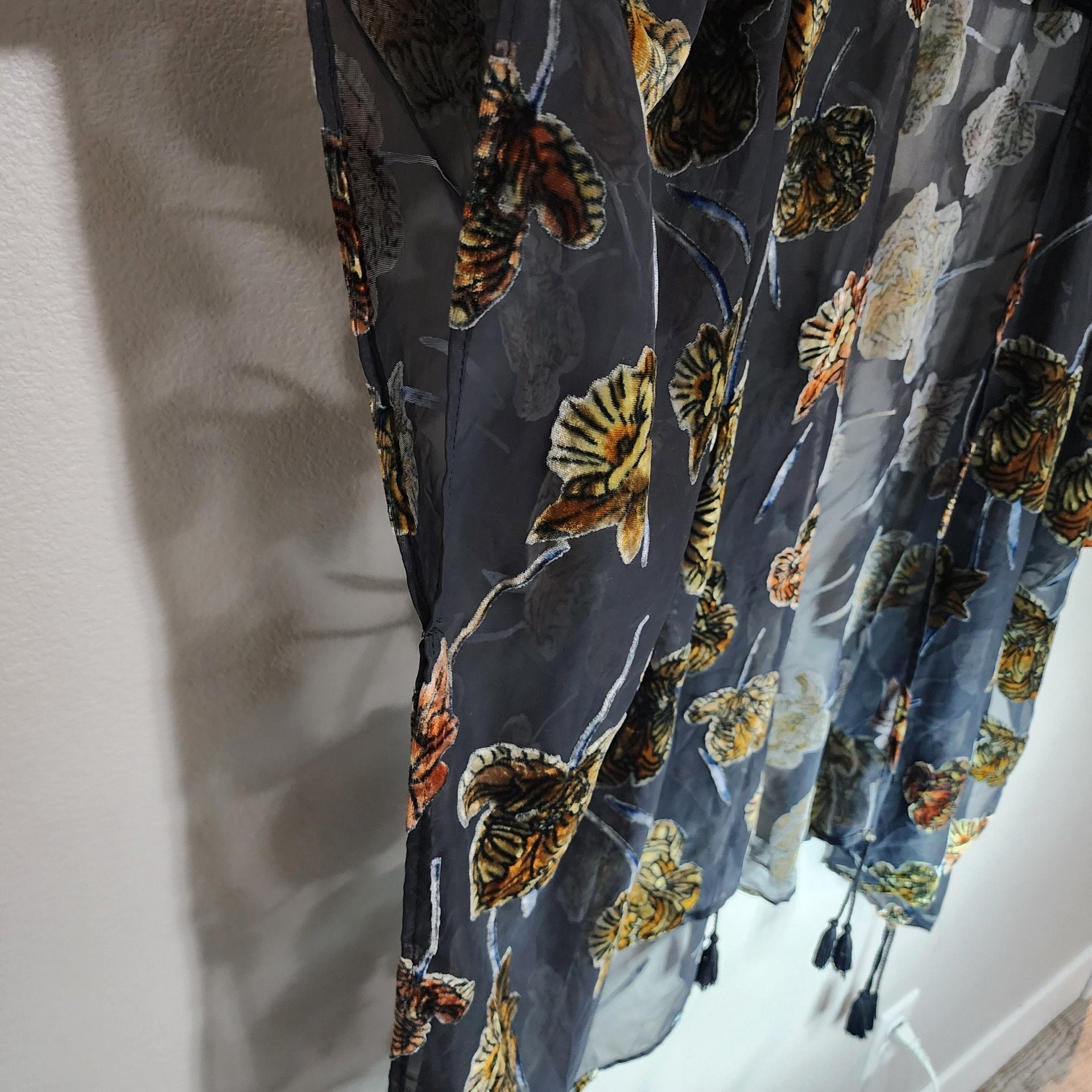 Japna Black Velvet Burnout Floral Sheer Kimono Cardigan with Tassels 8