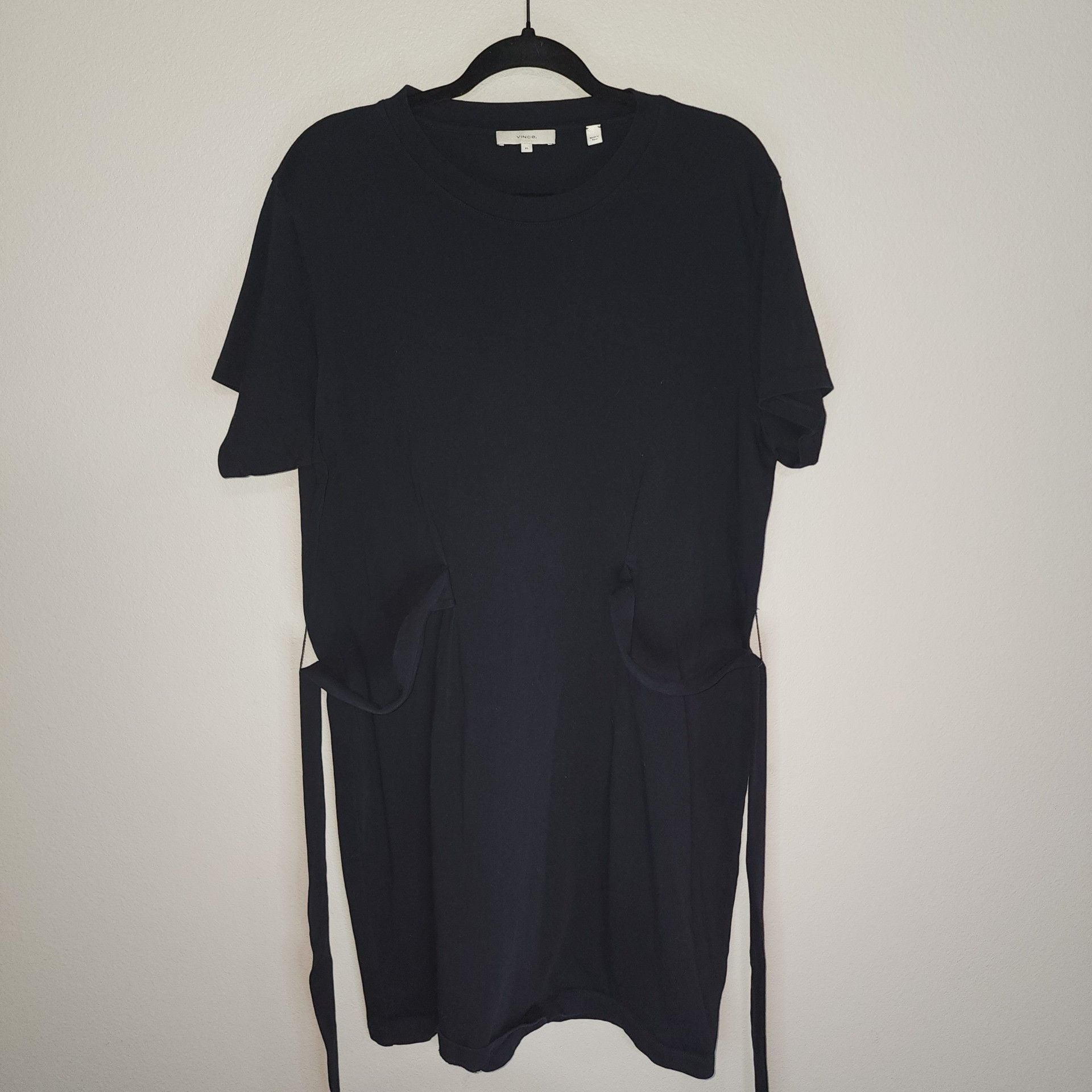 Vince. Black 100% Cotton Short Sleeve Tie-Waist T-Shirt Mini Dress XL 7