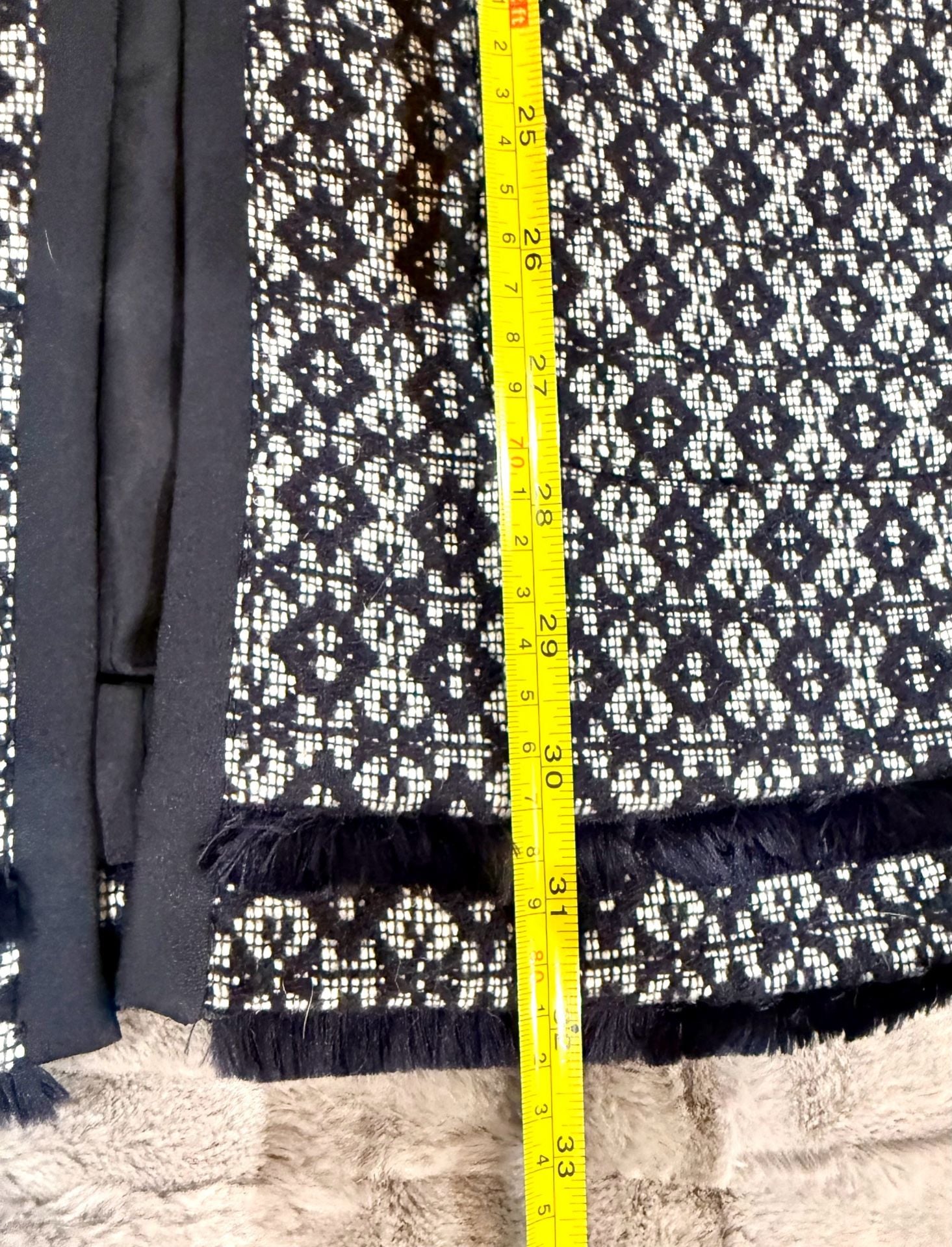 Carolina Belle Montreal Navy and White Geometric Pattern Collarless Open Front Jacket 8