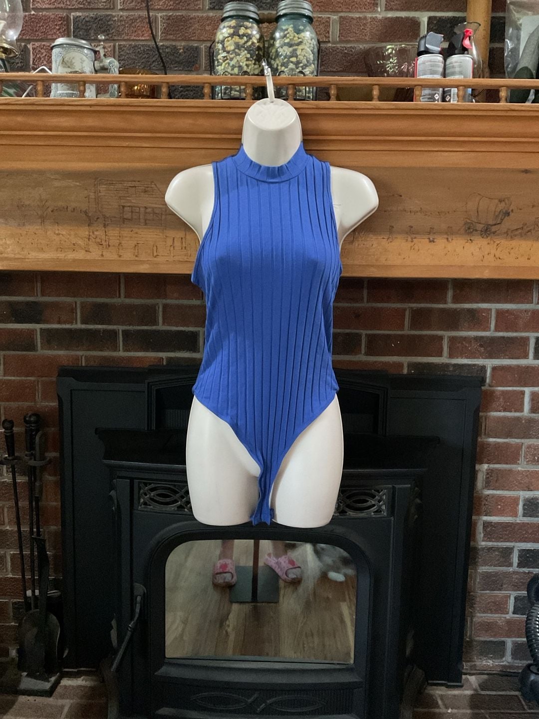 SHEIN Blue Mock Neck Sleeveless Ribbed Bodysuit 2