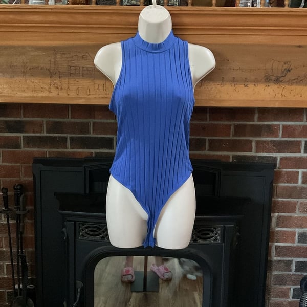 SHEIN Blue Mock Neck Sleeveless Ribbed Bodysuit
