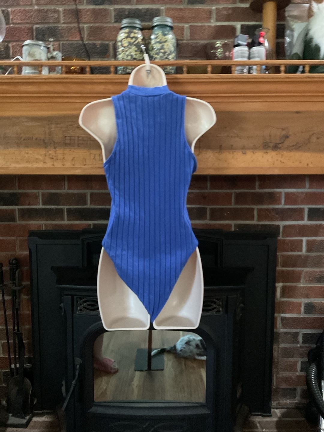 SHEIN Blue Mock Neck Sleeveless Ribbed Bodysuit 3