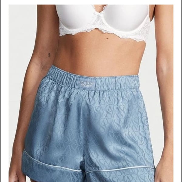 Victoria's Secret Blue Satin VS Logo Jacquard Sleep Shorts size M NWT