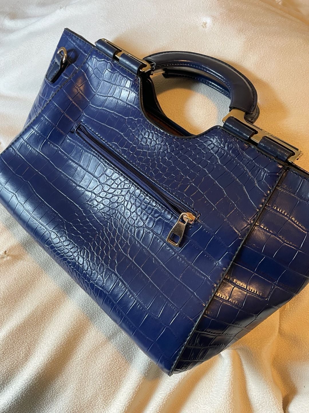 Blue Croc Embossed Structured Satchel Handbag Y2K Faux Leather Statement 8