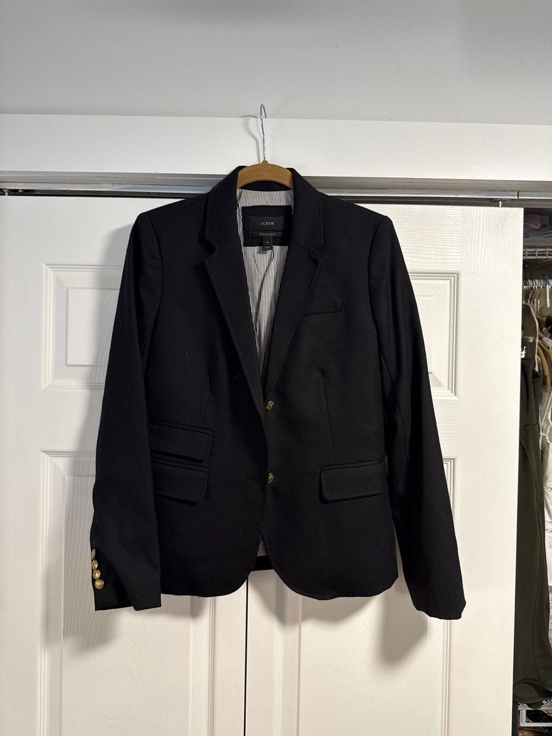 J.Crew Schoolboy Blazer in Black Wool with Gold Buttons and Striped Lining 2