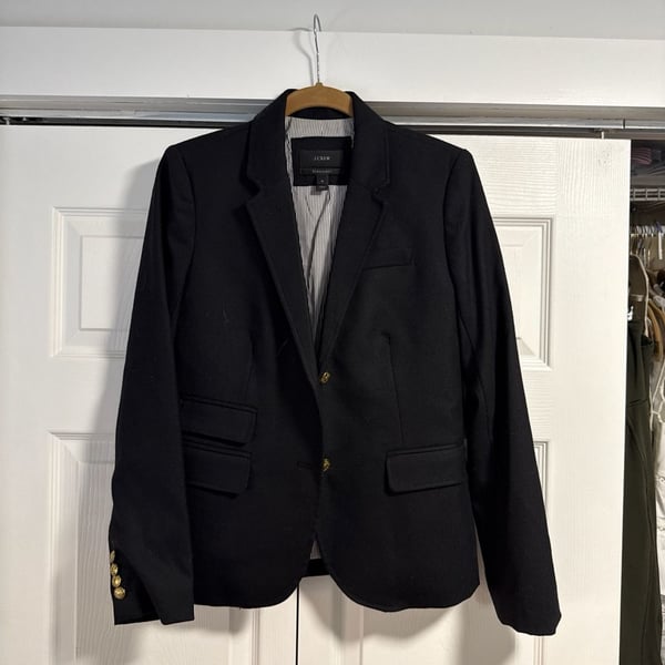 J.Crew Schoolboy Blazer in Black Wool with Gold Buttons and Striped Lining