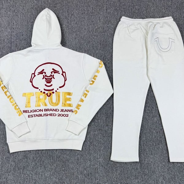 True Religion Men's White/Gold Antique Buddha Full-Zip Hoodie and Jogger Sweatpant Matching Tracksuit Set