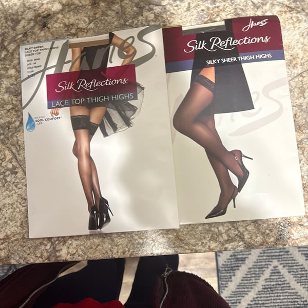 Lot of 2 Hanes Silk Reflections Thigh Highs: 1 Lace Top Style 0A444 and 1 Silky Sheer Style 720 Size AB