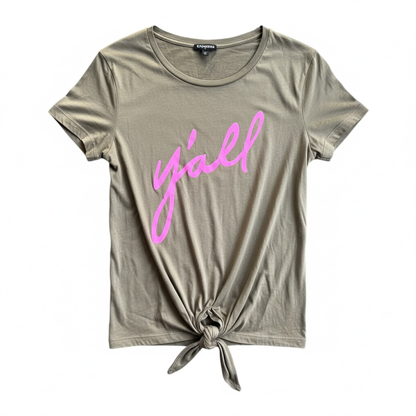 Express Women's Taupe 'Y'all' Graphic Tie-Front T-Shirt M