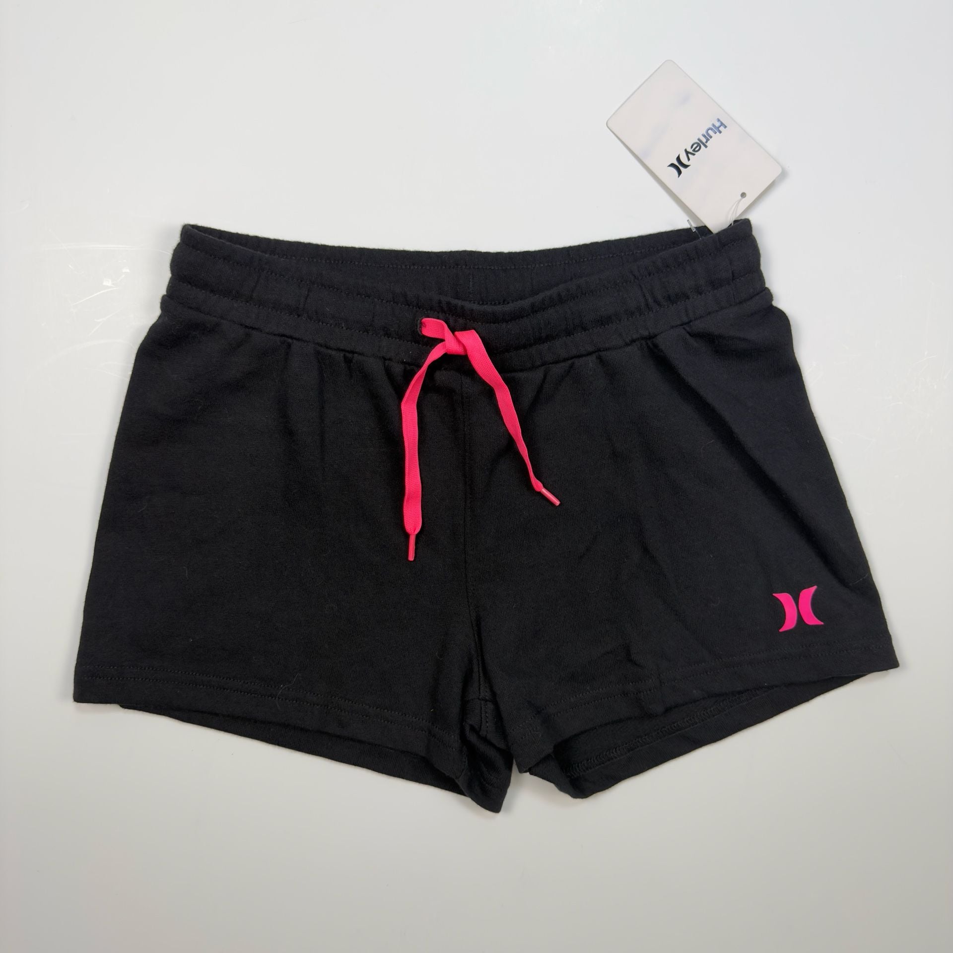 Hurley Girls Black French Terry Knit Shorts with Pink Logo and Drawstring 2