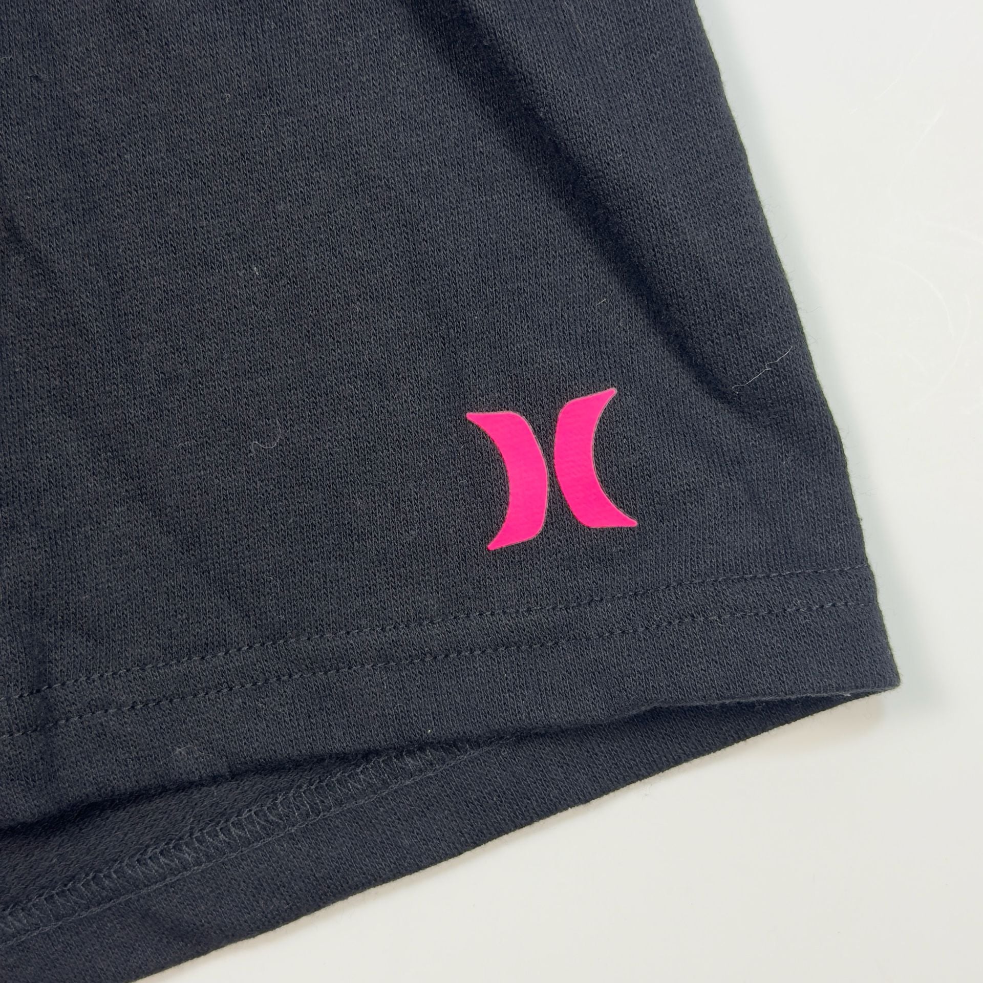 Hurley Girls Black French Terry Knit Shorts with Pink Logo and Drawstring 3