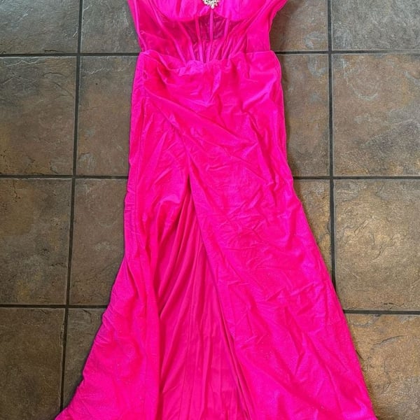 Neon Hot Pink Glitter Corset Gown with Rhinestone Bodice and Lace-Up Back
