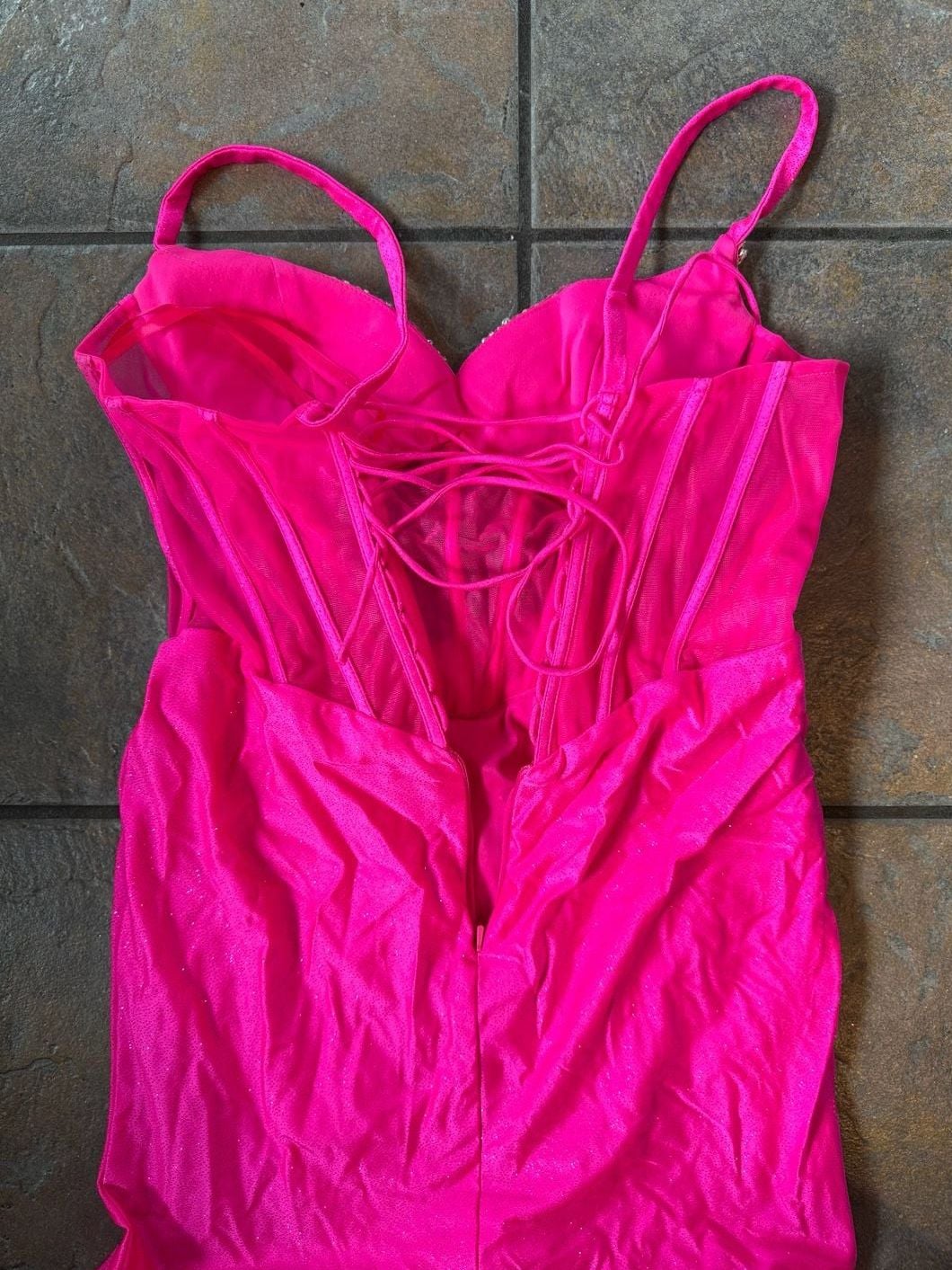 Neon Hot Pink Glitter Corset Gown with Rhinestone Bodice and Lace-Up Back 7