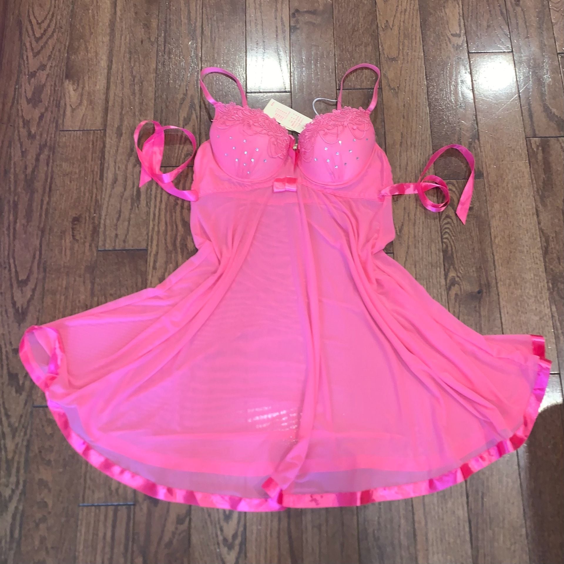 Y2K Hot Pink Babydoll Lingerie Rhinestone Lace Bust Sheer Mesh Nightie
2