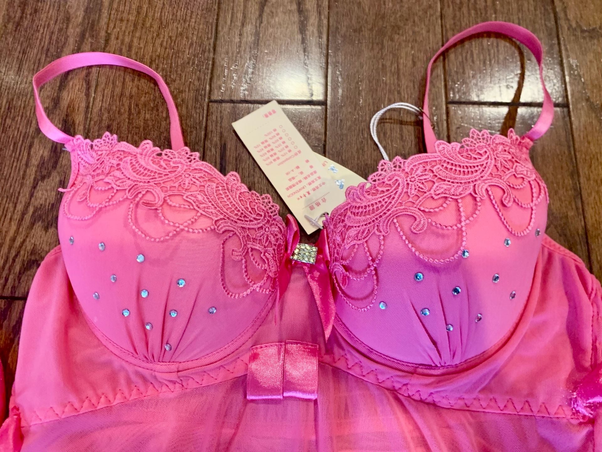 Y2K Hot Pink Babydoll Lingerie Rhinestone Lace Bust Sheer Mesh Nightie
3