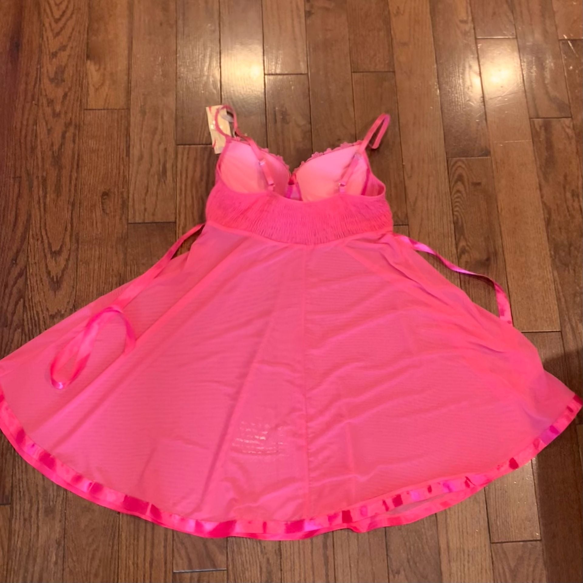 Y2K Hot Pink Babydoll Lingerie Rhinestone Lace Bust Sheer Mesh Nightie
7