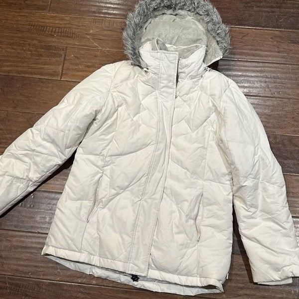 Free Country Power Down Series White Hooded Puffer Jacket with Faux Fur Trim