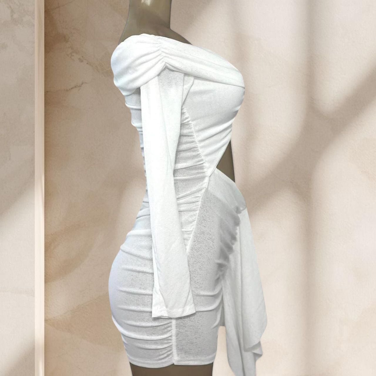 White Cutout Mini Dress – Off Shoulder Long Sleeve Ruched Bodycon Sexy Chic ✧ M 3