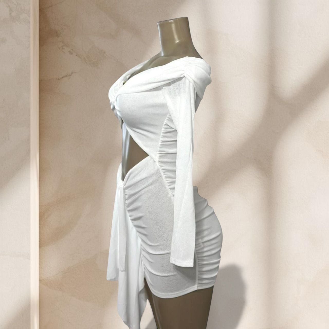 White Cutout Mini Dress – Off Shoulder Long Sleeve Ruched Bodycon Sexy Chic ✧ M 5