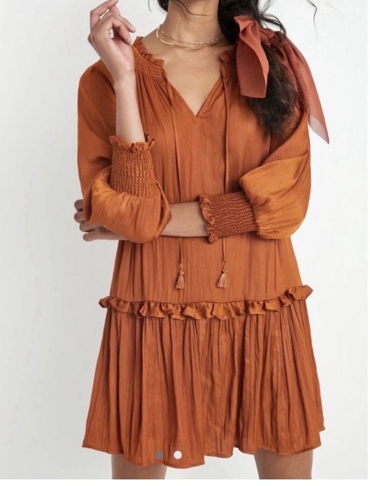 by Anthropologie Giulia Tunic Dress Burnt Orange Rust Pleated Mini S 2