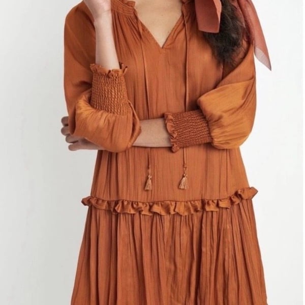 by Anthropologie Giulia Tunic Dress Burnt Orange Rust Pleated Mini S