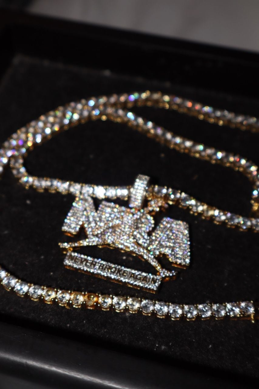 Iced Out Gold Tone Never Broke Again NBA Pendant with Tennis Chain 2