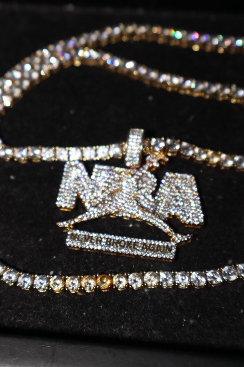 Iced Out Gold Tone Never Broke Again NBA Pendant with Tennis Chain 3