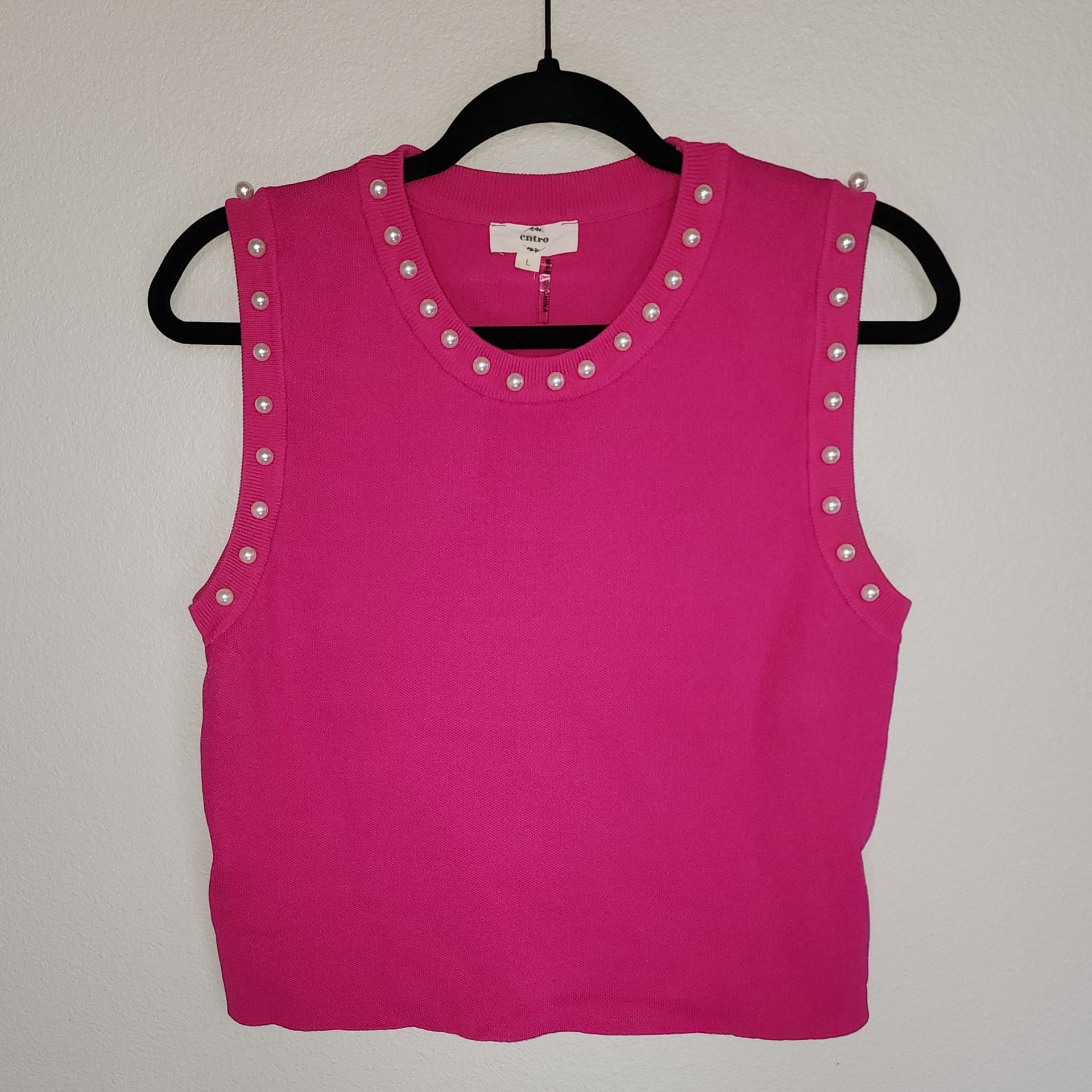 Entro Fuchsia Pearl Trim Sleeveless Knit Sweater Tank Top 2