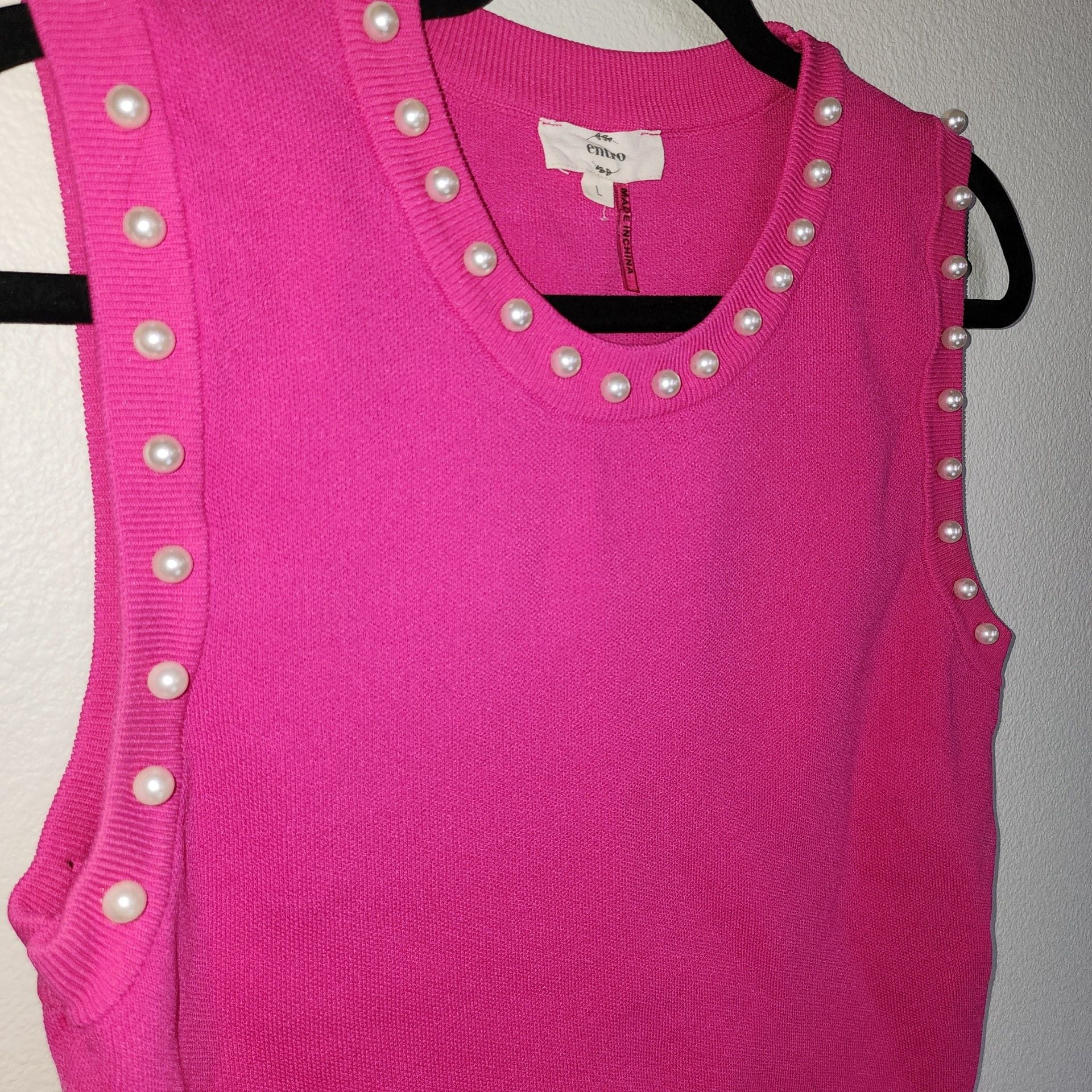 Entro Fuchsia Pearl Trim Sleeveless Knit Sweater Tank Top 3