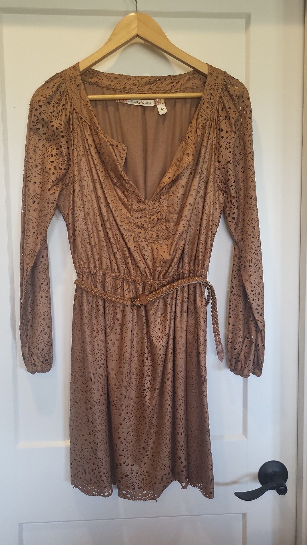 Chelsea & Violet Camel Faux Leather Laser Cutout Mini Dress with Braided Belt, M 2