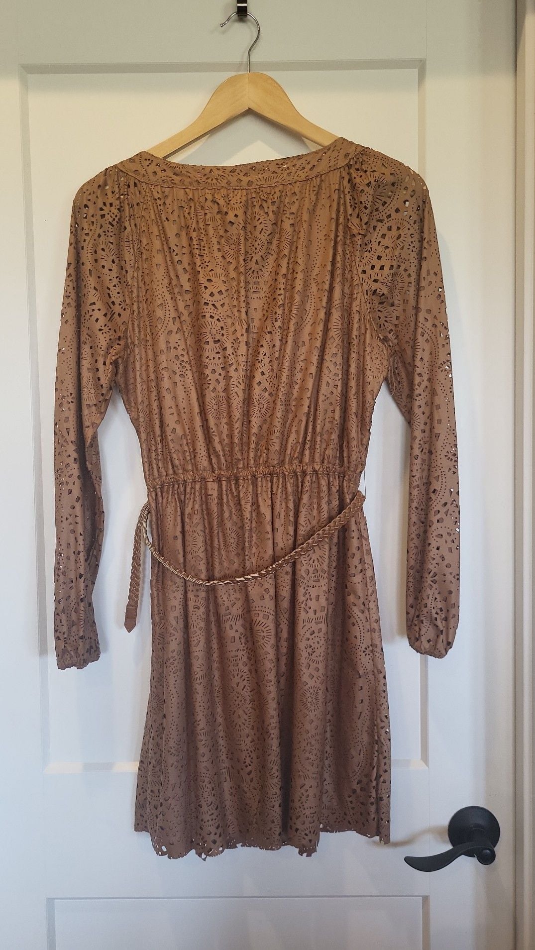 Chelsea & Violet Camel Faux Leather Laser Cutout Mini Dress with Braided Belt, M 3