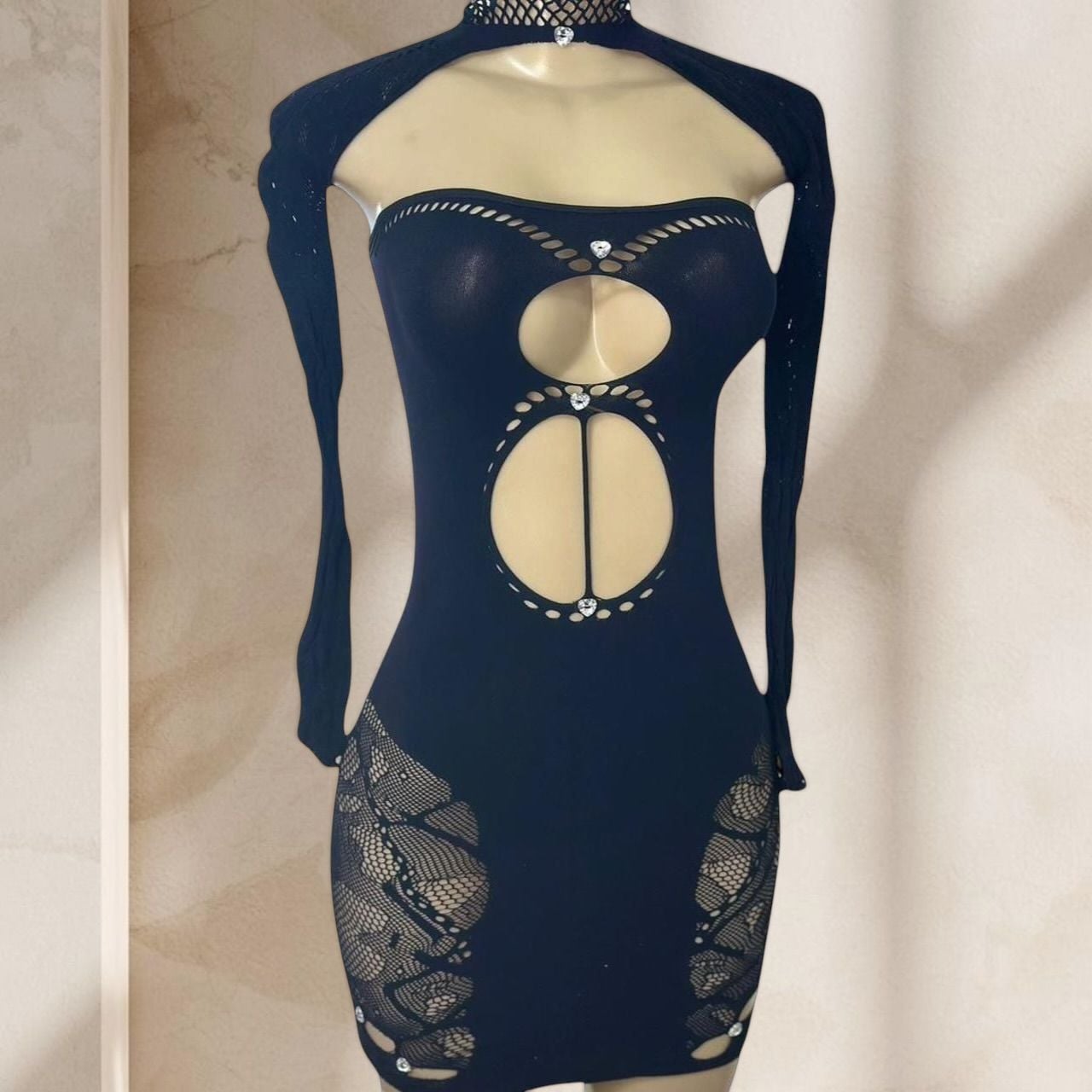 Black Cutout Mini Dress – Long Sleeve Choker Bodycon Rhinestone Detail Sexy Y2K 3