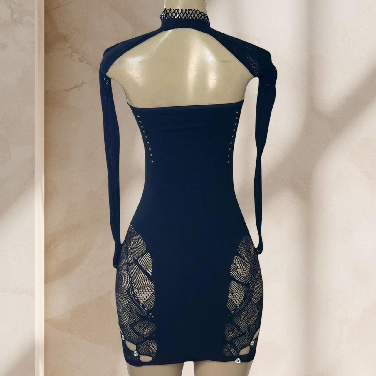Black Cutout Mini Dress – Long Sleeve Choker Bodycon Rhinestone Detail Sexy Y2K 5