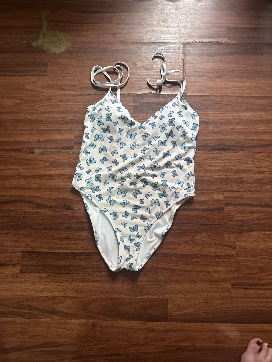 PINK Victoria's Secret White One-Piece Blue Butterfly Print Swimsuit 1