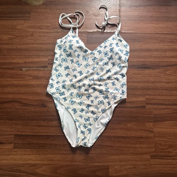 PINK Victoria's Secret White One-Piece Blue Butterfly Print Swimsuit