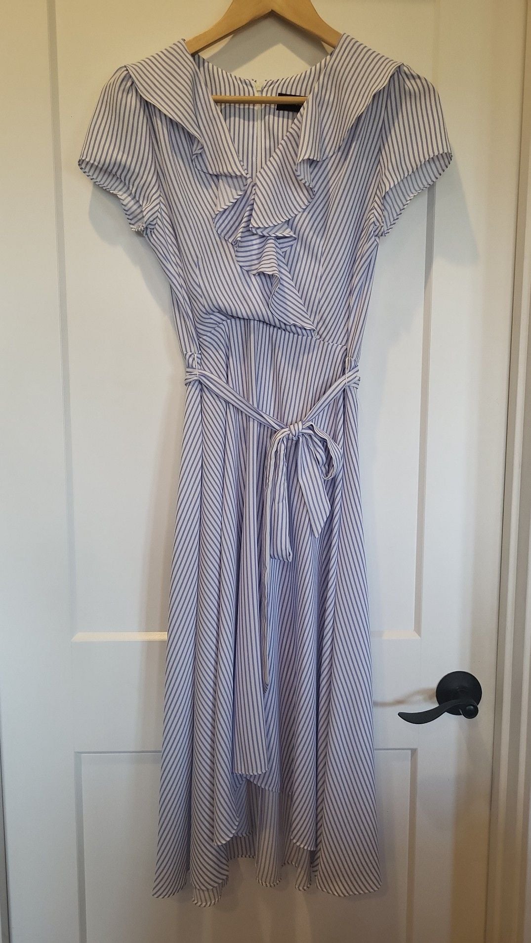 DN Design Blue and White Nautical Striped Ruffle Neck A-Line Midi Dress with Sash, size 6 2